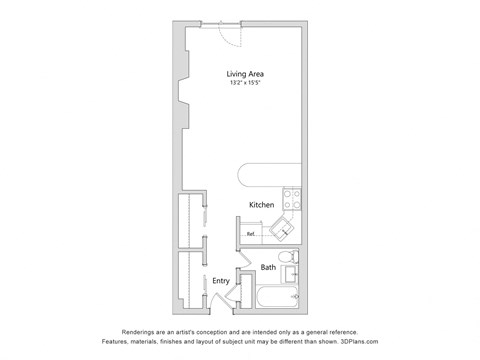 Floor plan for studio, 1 bath, 336 sqft